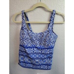 Lands’ End Girls 12 Blue White Floral Tankini Swim Top Adjustable Straps